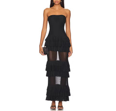 Miya Strapless Mesh Maxi Dress with Ruffle Panels