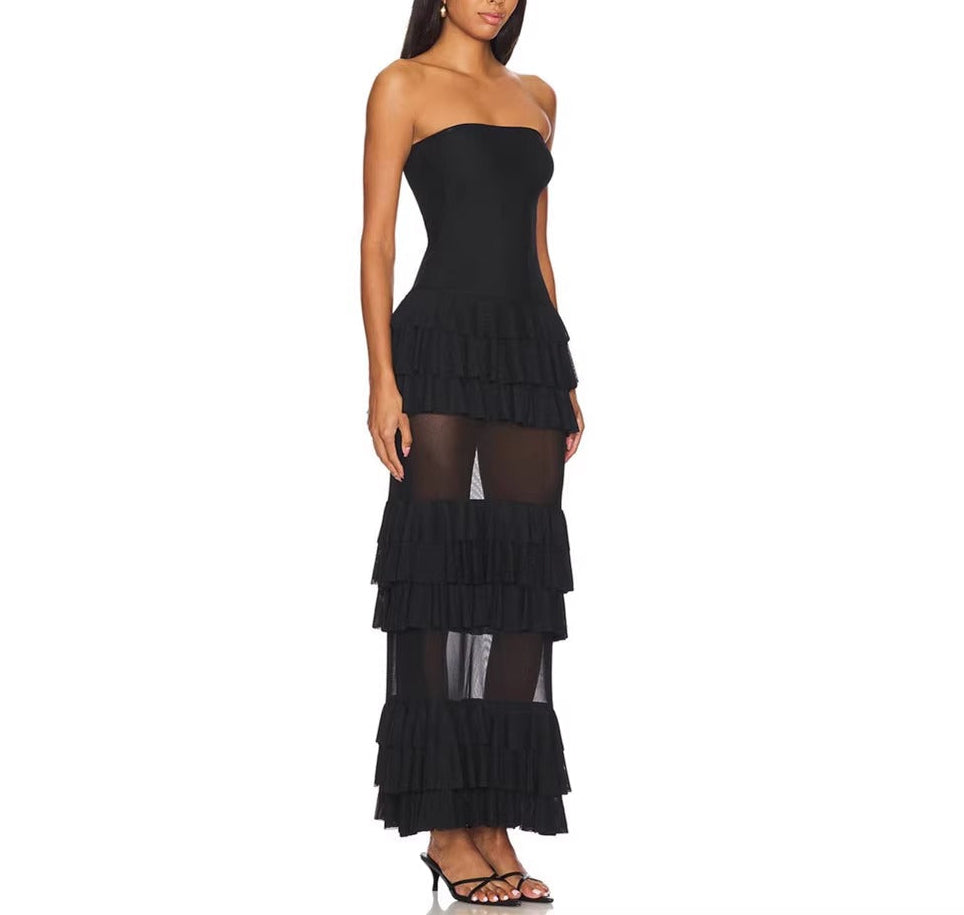 Miya Strapless Mesh Maxi Dress with Ruffle Panels