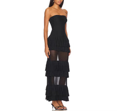 Miya Strapless Mesh Maxi Dress with Ruffle Panels