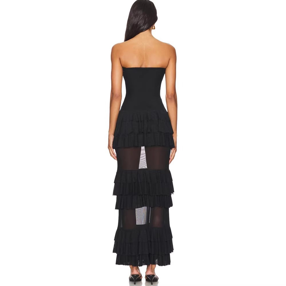 Miya Strapless Mesh Maxi Dress with Ruffle Panels