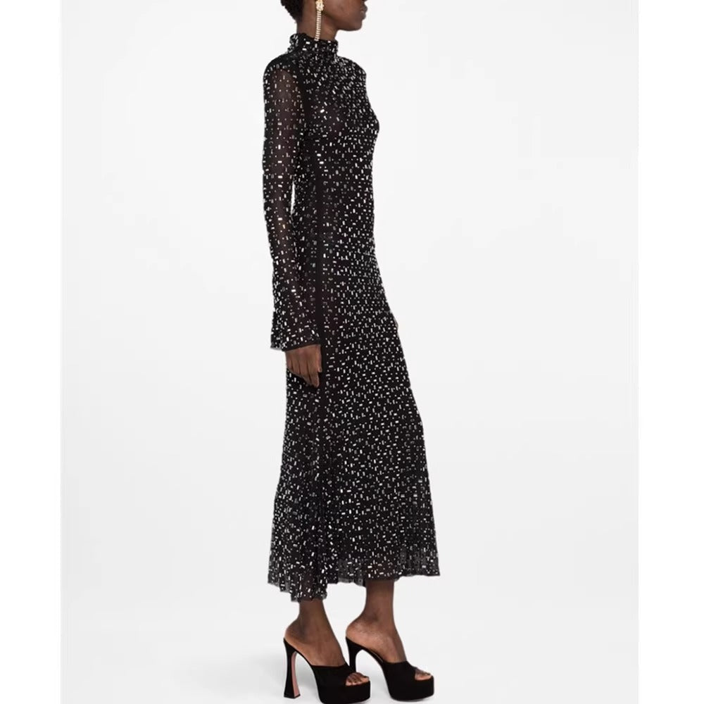 Sylvie High Neck Long Sleeve Rhinestone Gown