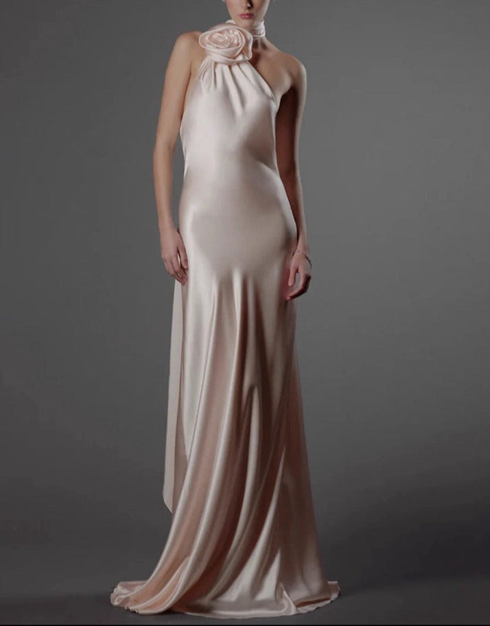 Maria One-Shoulder Satin Rose Gown