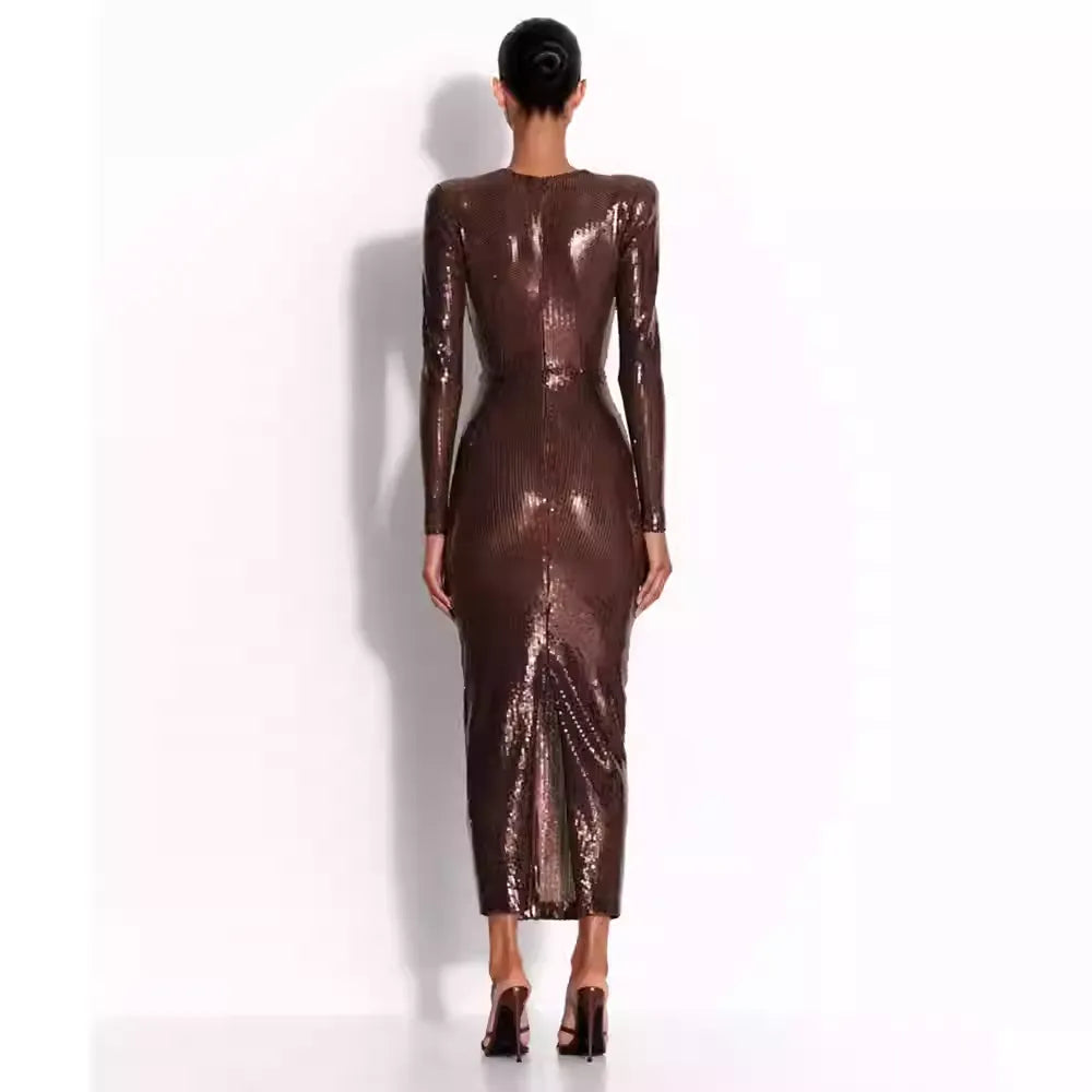 Giana Deep Neck Sequin Midi Dress