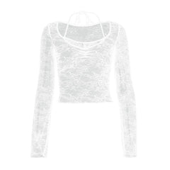 Long sleeve halter lace ruched see through top