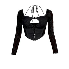Long sleeve halter lace bustier hollow out crop cut out top