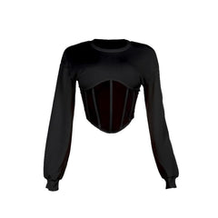 Long sleeve crewneck corset patchwork crop top