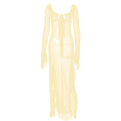 Long flared sleeve sheer mesh ruffle slit maxi dress