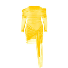 Long sleeve off shoulder ruffle ruched mesh mini dress