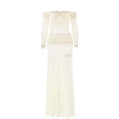 Long sleeve off shoulder sheer mesh maxi skirt set