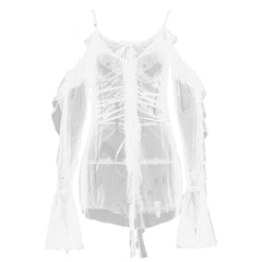 Long flared sleeve Off shoulder sheer mesh ruffle mini dress