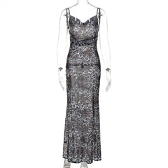 Leopard print cowl neck high slit backless cami maxi dress