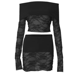Long sleeve off shoulder lace see through mini skirt set