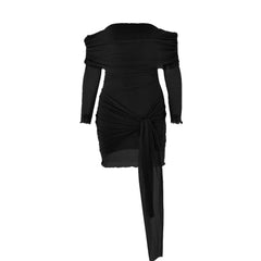 Long sleeve off shoulder ruffle ruched mesh mini dress