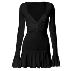 Long flared sleeve ruched v neck solid mini dress