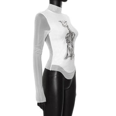 Long sleeve high neck skeleton dog print mesh top