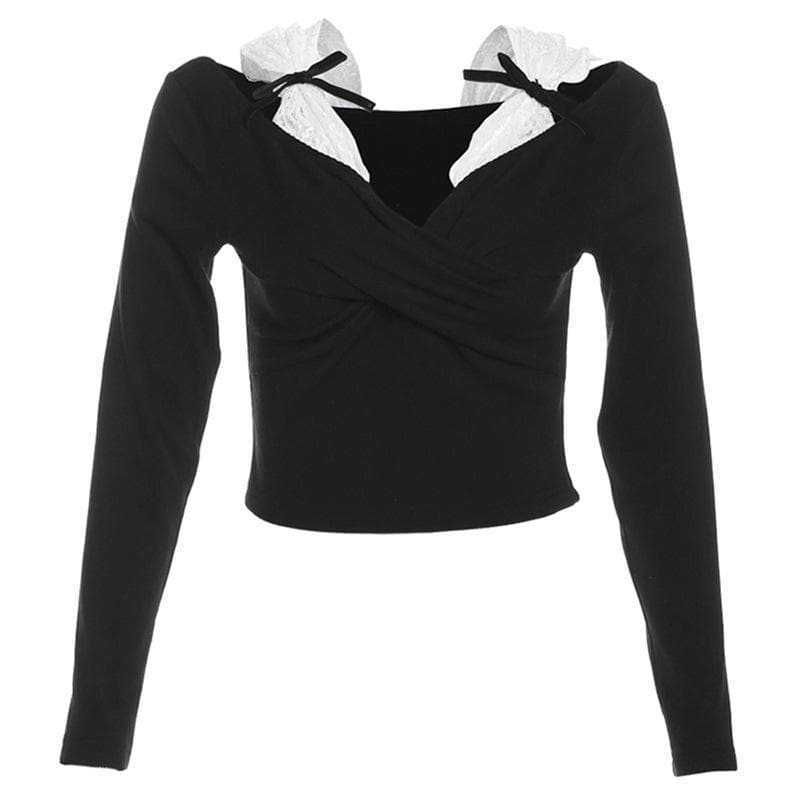 Long sleeve bowknot ruched lace ribbed crop top- Final Sale