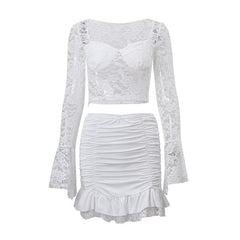 Long flared sleeve sweetheart neck lace ruched ruffle mini skirt set