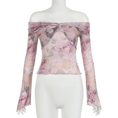 Long sleeve off shoulder mesh print top