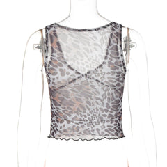 Leopard print sheer mesh ruffle tank top