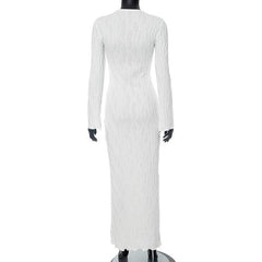 Long sleeve crewneck textured ruffle maxi dress