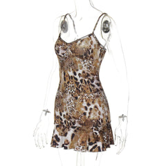 Leopard print v neck lace hem ruffle cami skirt set