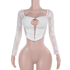 Long sleeve halter lace bustier hollow out crop cut out top