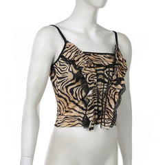 Leopard print ruffle lace hem backless cami top