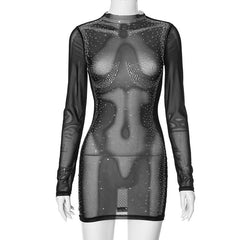 Long sleeve body pattern beaded sheer mesh mini dress