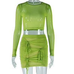 Long sleeve mesh see through knotted mini skirt set