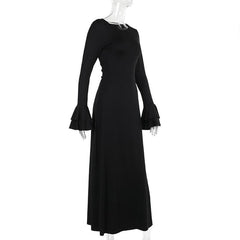 Long flared sleeve round neck lace up maxi dress
