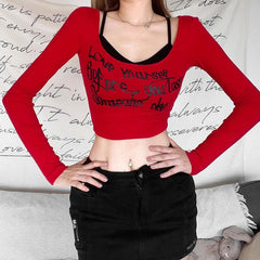 Letter print contrast long sleeve 2 piece crop top - Final Sale