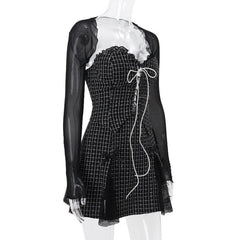 Long sleeve mesh plaid bowknot lace up shrug 2 piece mini dress