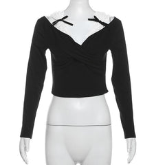 Long sleeve bowknot ruched lace ribbed crop top- Final Sale