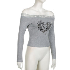 Long sleeve off shoulder ribbed heart pattern lace hem top