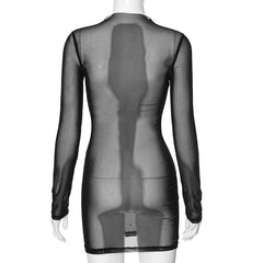 Long sleeve body pattern beaded sheer mesh mini dress