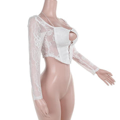 Long sleeve halter lace bustier hollow out crop cut out top