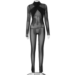 Long sleeve high neck cross front mesh see through jumpsuit