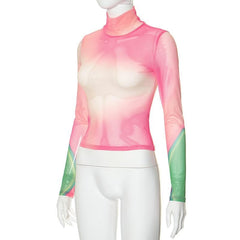 Long sleeve high neck print sheer mesh contrast top