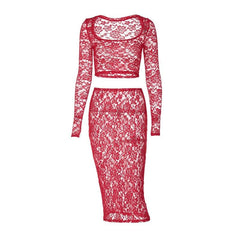 Long sleeve lace see through solid midi skirt set