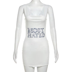 Letter print contrast cowl neck sleeveless metal chain mini dress