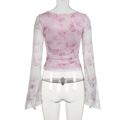 Long flared sleeve v neck mesh flower print top