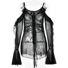 Long flared sleeve Off shoulder sheer mesh ruffle mini dress