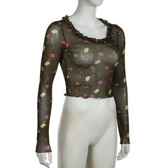Long sleeve flower print mesh ruffle crop top