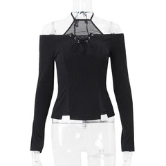 Long sleeve halter off shoulder lace up patchwork top