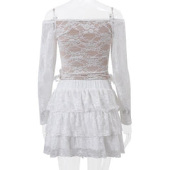 Long sleeve off shoulder bowknot ribbon lace up ruched mini skirt set