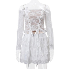 Long sleeve off shoulder bowknot ribbon lace up ruched mini skirt set