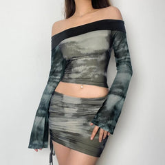 Long sleeve off shoulder contrast tie dye drawstring mini skirt set