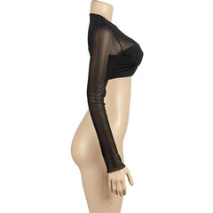 Long sleeve crewneck mesh ruched crop top