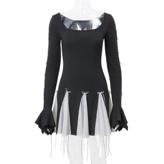 Long flared sleeve bowknot self tie u neck contrast patchwork mini dress