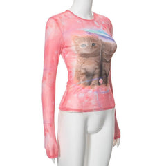 Long sleeve cat print crew neck top